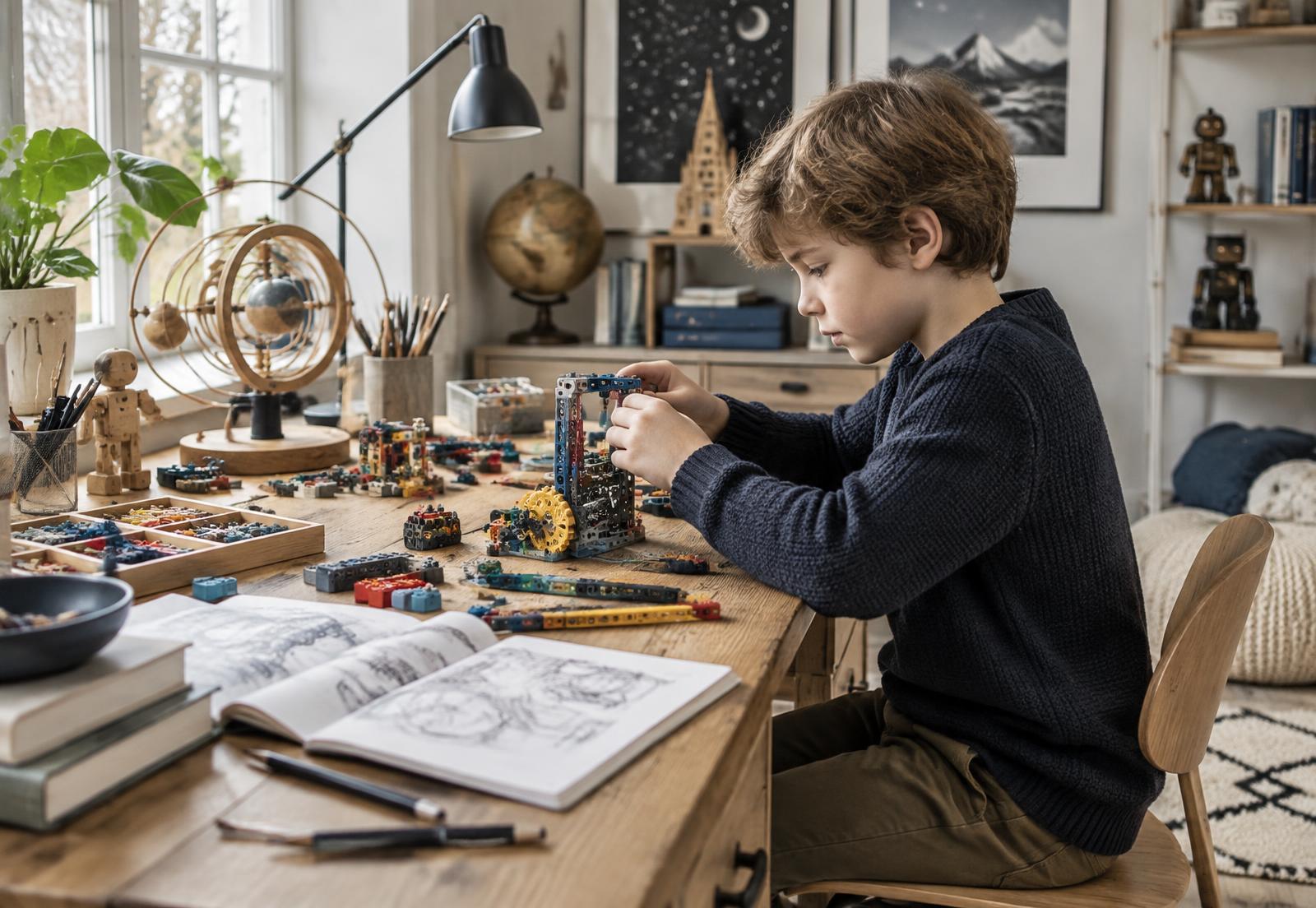 A school-age child concentrating on a detailed construction project