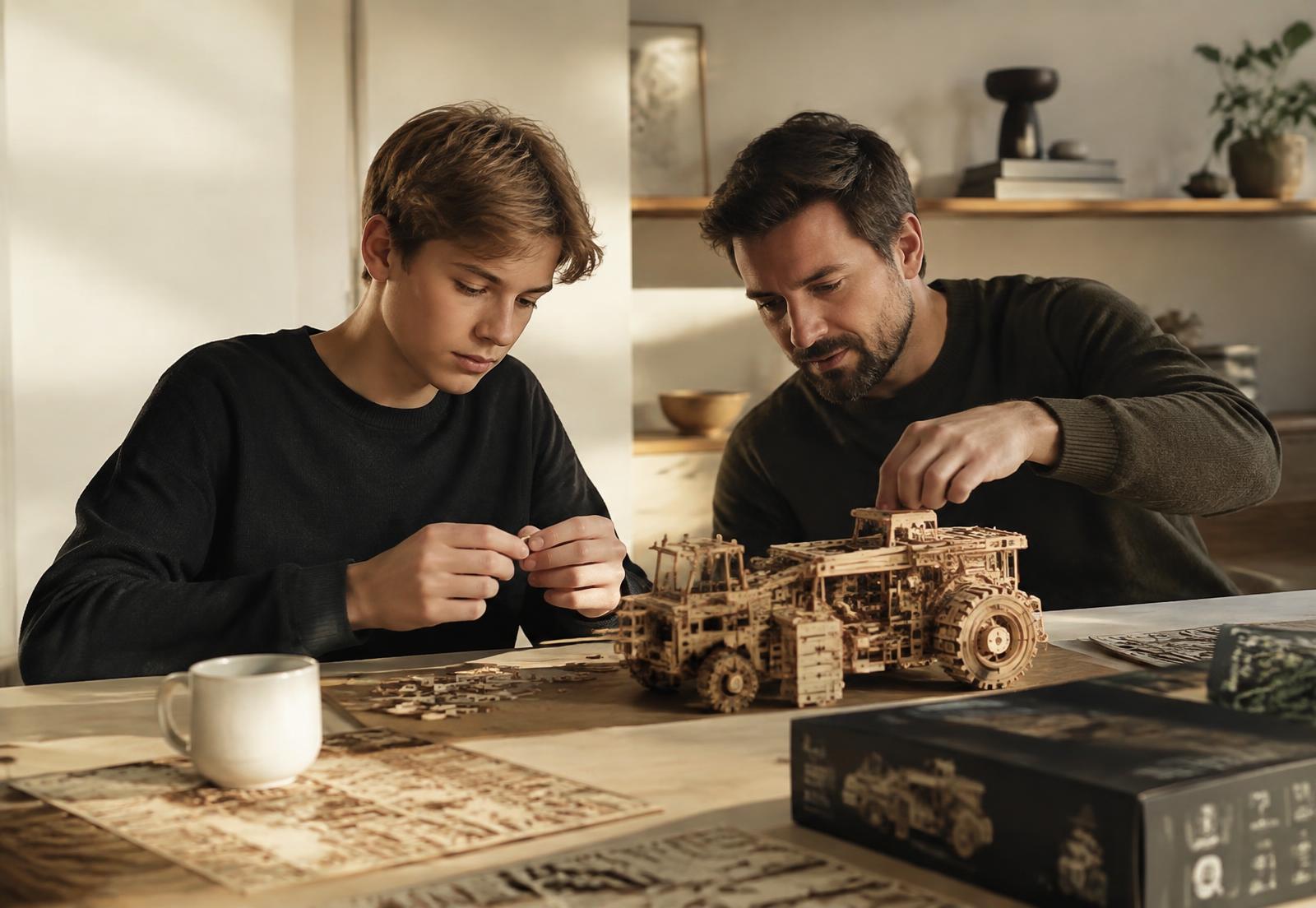 A teenager and an adult assembling a sophisticated wooden construction model together