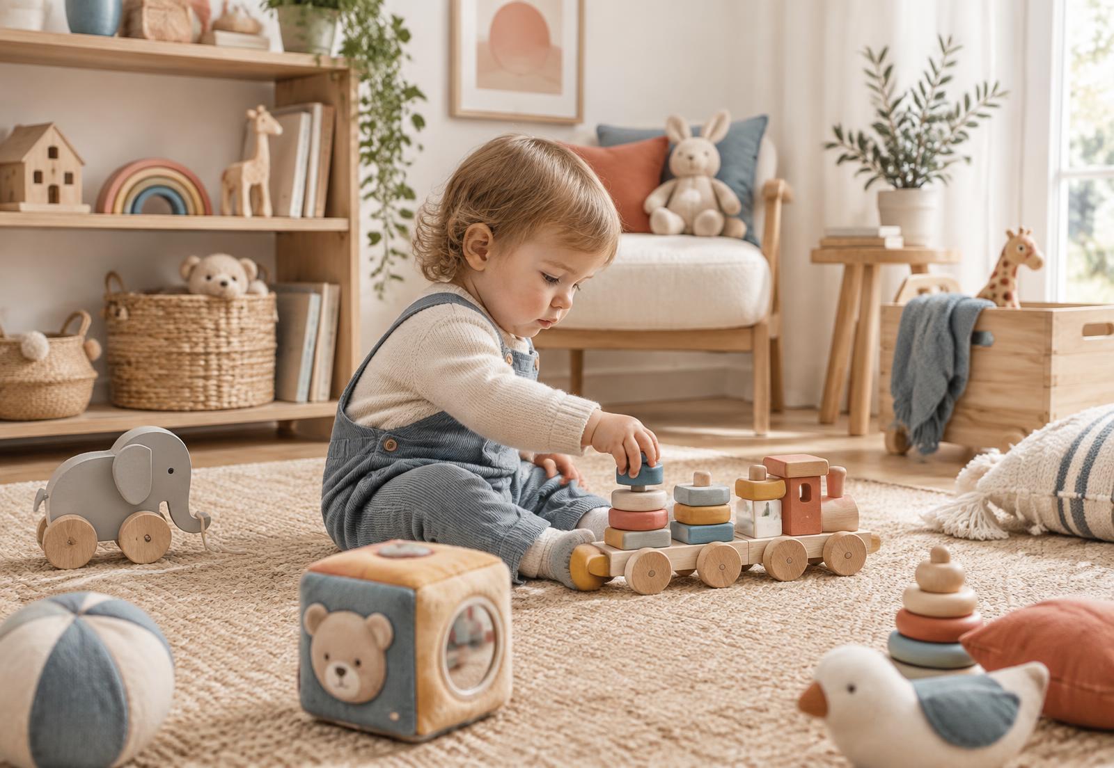 A toddler playing with a wooden stacking train in a bright family room