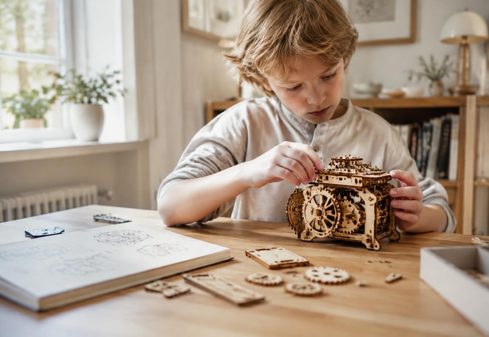 A 10-year-old assembling a detailed mechanical wooden model with gears at a desk
