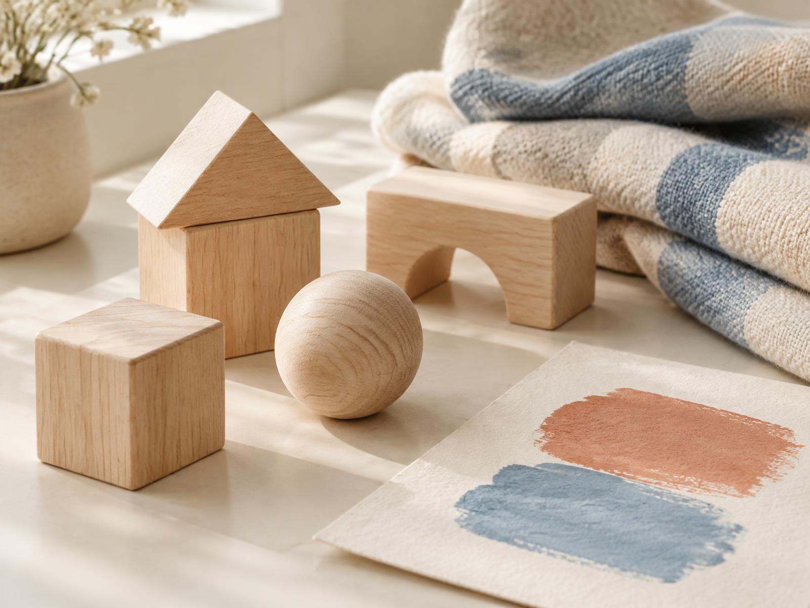 Natural wood blocks, woven fabric and painted paper in soft daylight
